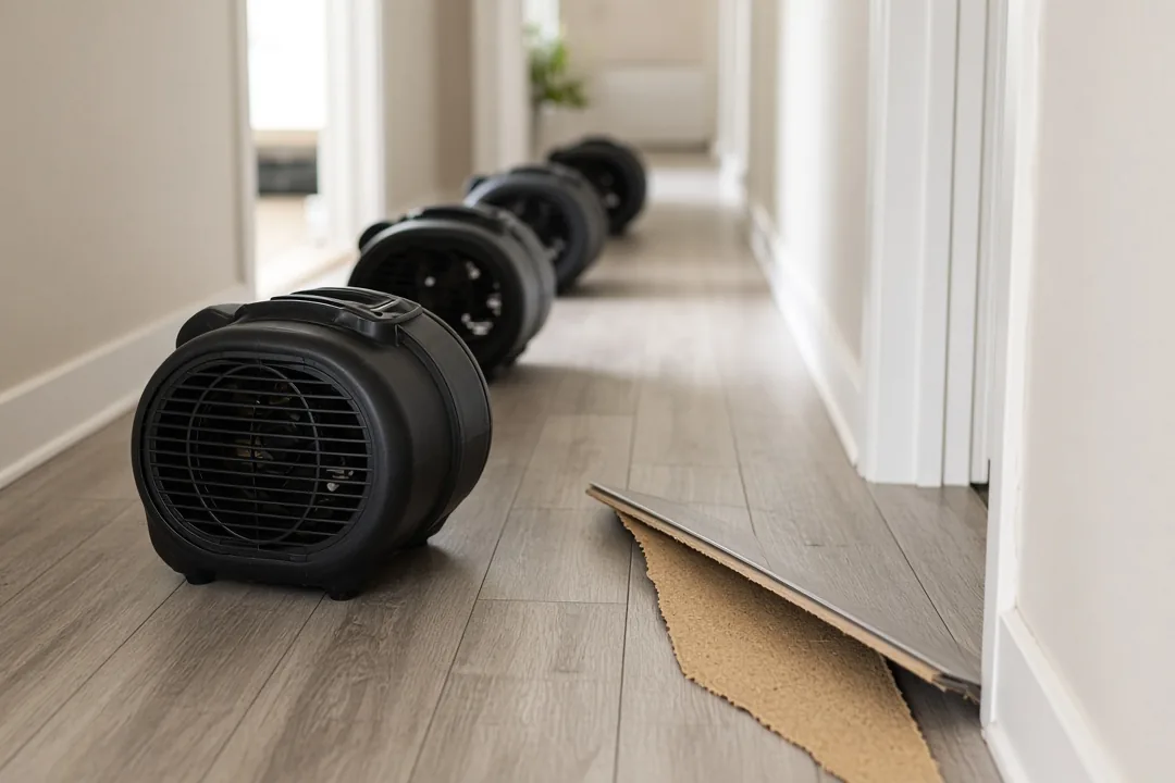 Air movers drying a hallway floor with one plank lifted