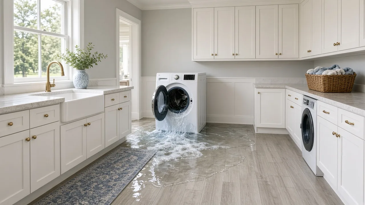 Laundry room with water across the floor from an overflowing washing machine